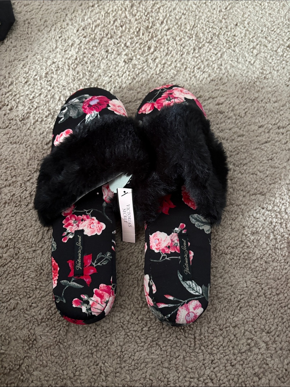 Victoria's Secret Black Floral Faux-Fur Slide Slippers with Pink Flowers